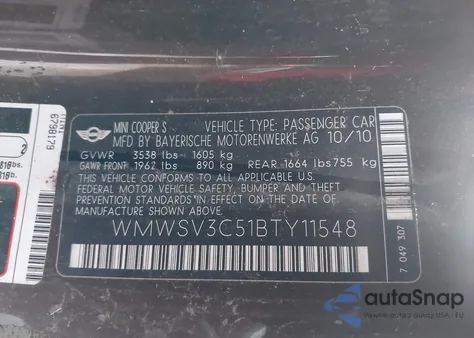 2011 Mini Cooper S z USA, uszkodzony, nr VIN WMWSV3C51BTY11548